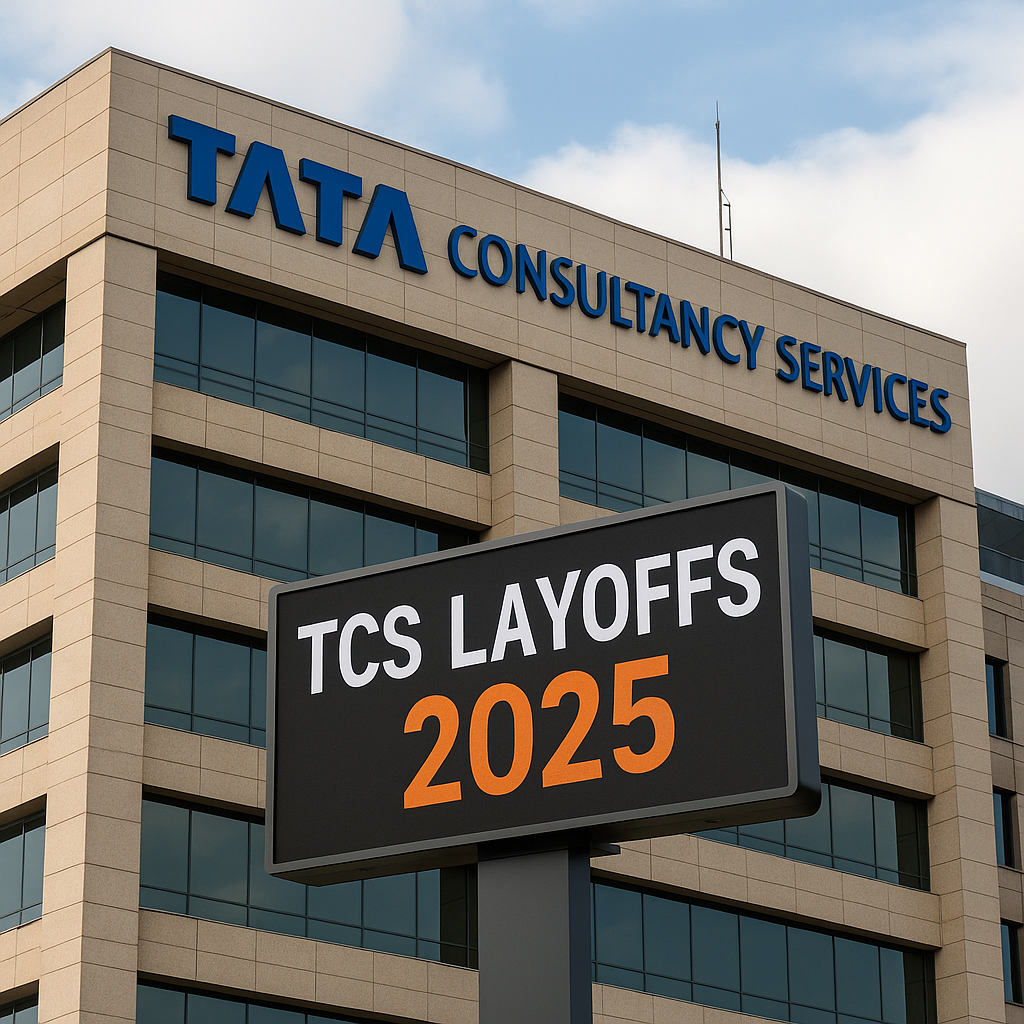 Sundar Pichai TCS headquarters building with a digital layoff announcement in 2025