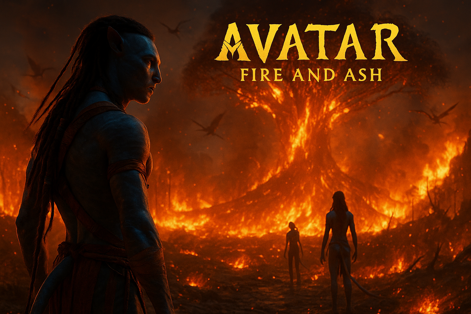 satya A cinematic visual from the Avatar: Fire and Ash trailer showing Pandora in flames