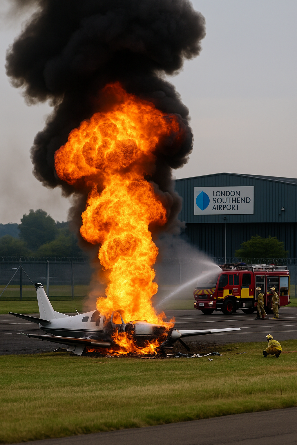 Asia Southend Airport plane crash scene with fireball and emergency services