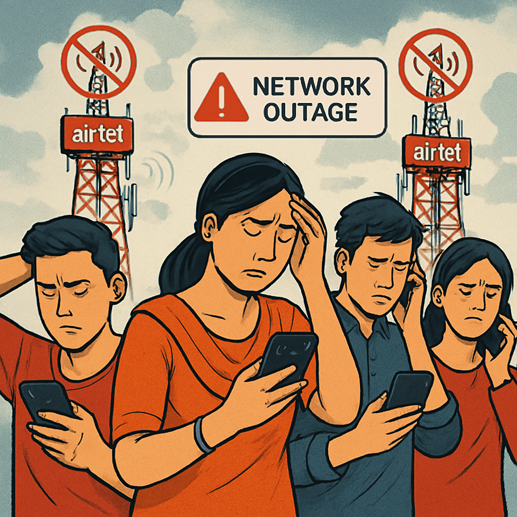 Asia Airtel network outage illustration showing mobile users facing connectivity issues with telecom towers