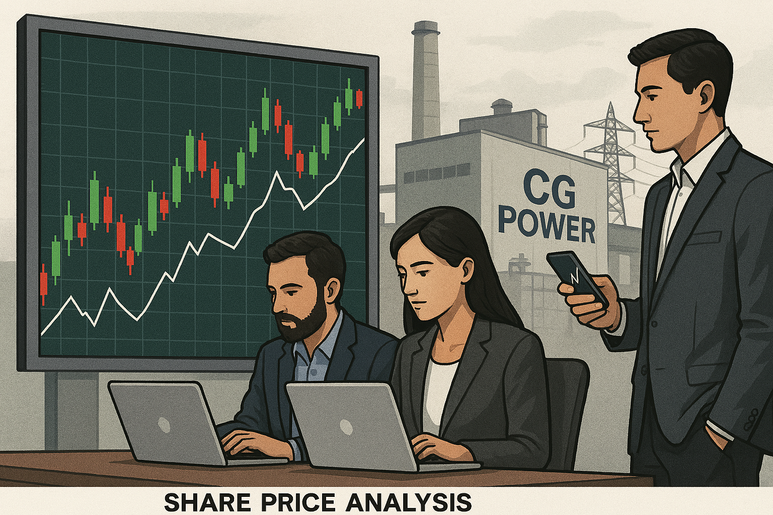 Asia Illustration of CG Power share price analysis with stock market board