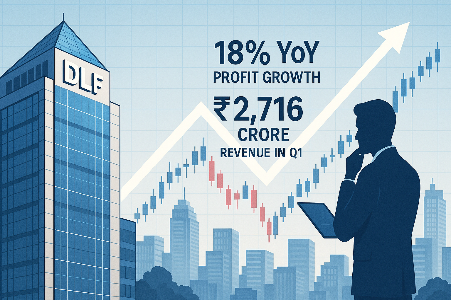 uptac Chart showing DLF share price rising after Q1 results with office buildings in background