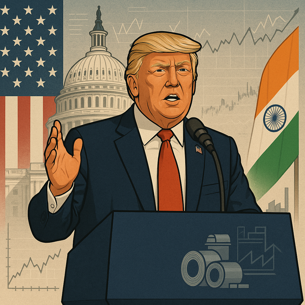 Asia Illustration of Donald Trump with U.S. and India trade themes