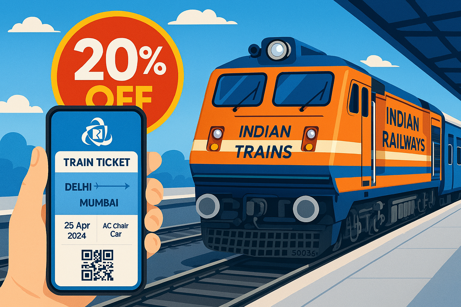 Asia IRCTC ticket booking discount offer with 20% off label on train background