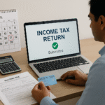 income tax Illustration showing taxpayers filing income tax returns online with calendar marked July 31, 2025.