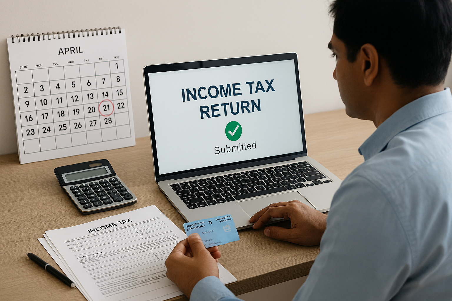 income tax Illustration showing taxpayers filing income tax returns online with calendar marked July 31, 2025.
