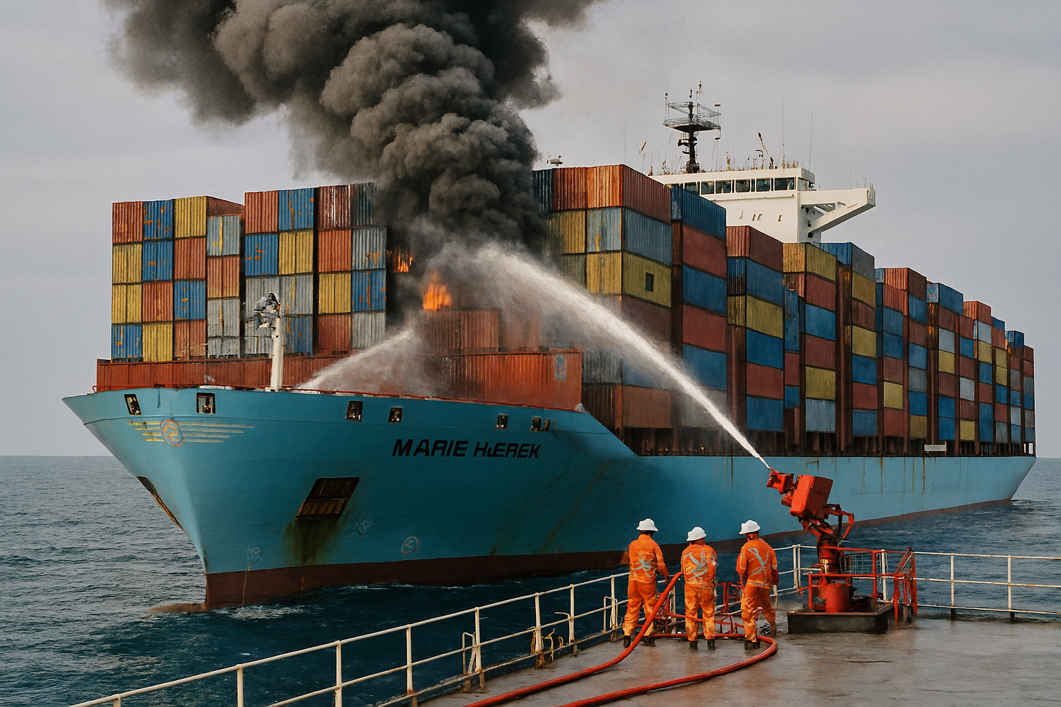Asia Marie Maersk container ship with smoke from onboard fire, maritime shipping industry context