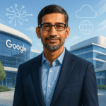 Sundar Pichai Sundar Pichai speaking on stage with Google logo and AI visualization in background