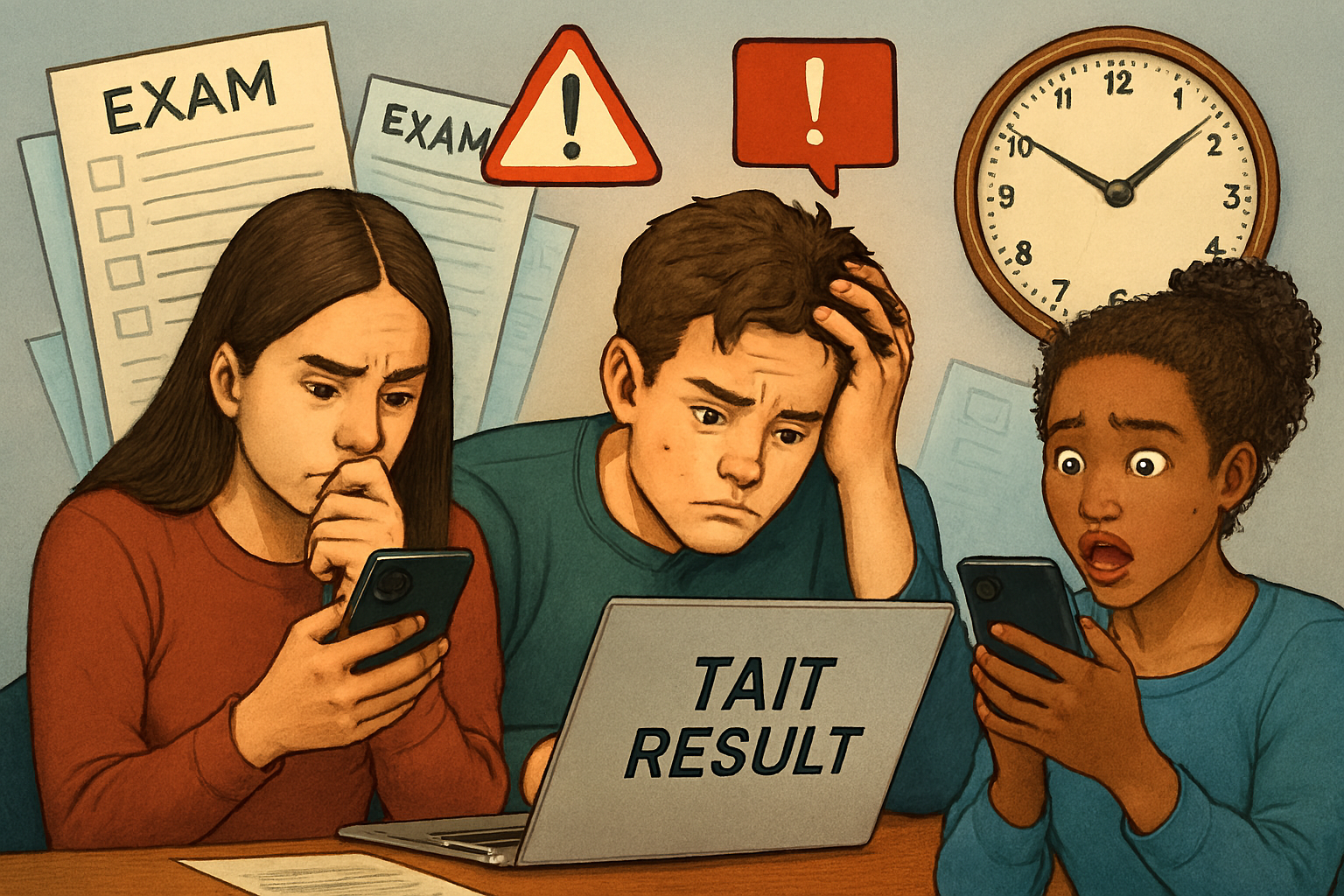Asia Students waiting for TAIT result 2025 with exam papers and notification symbols