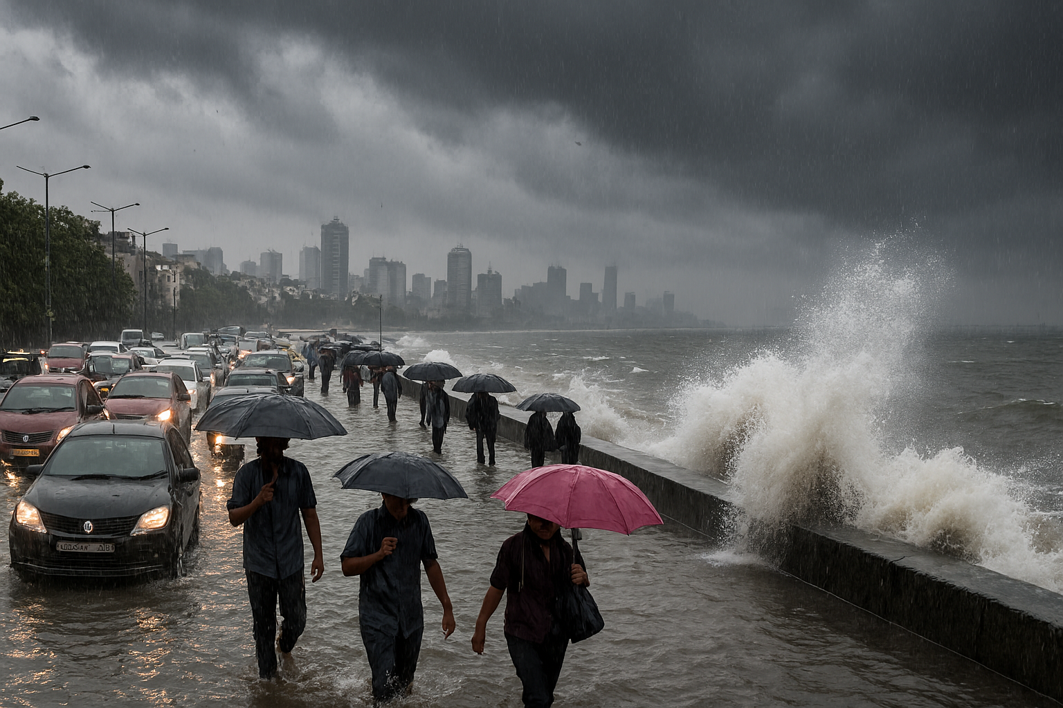 Asia Weather forecast Mumbai with heavy rains, high tide alerts, and waterlogging in city roads