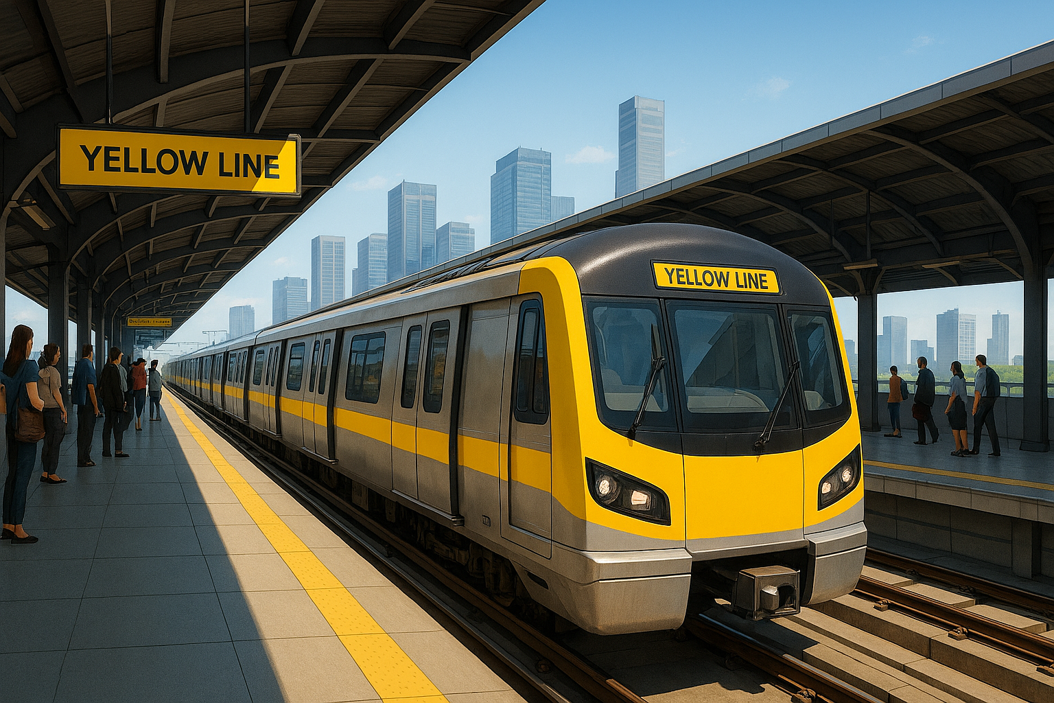 singapore "Yellow Line Metro train arriving at a station platform in Delhi"