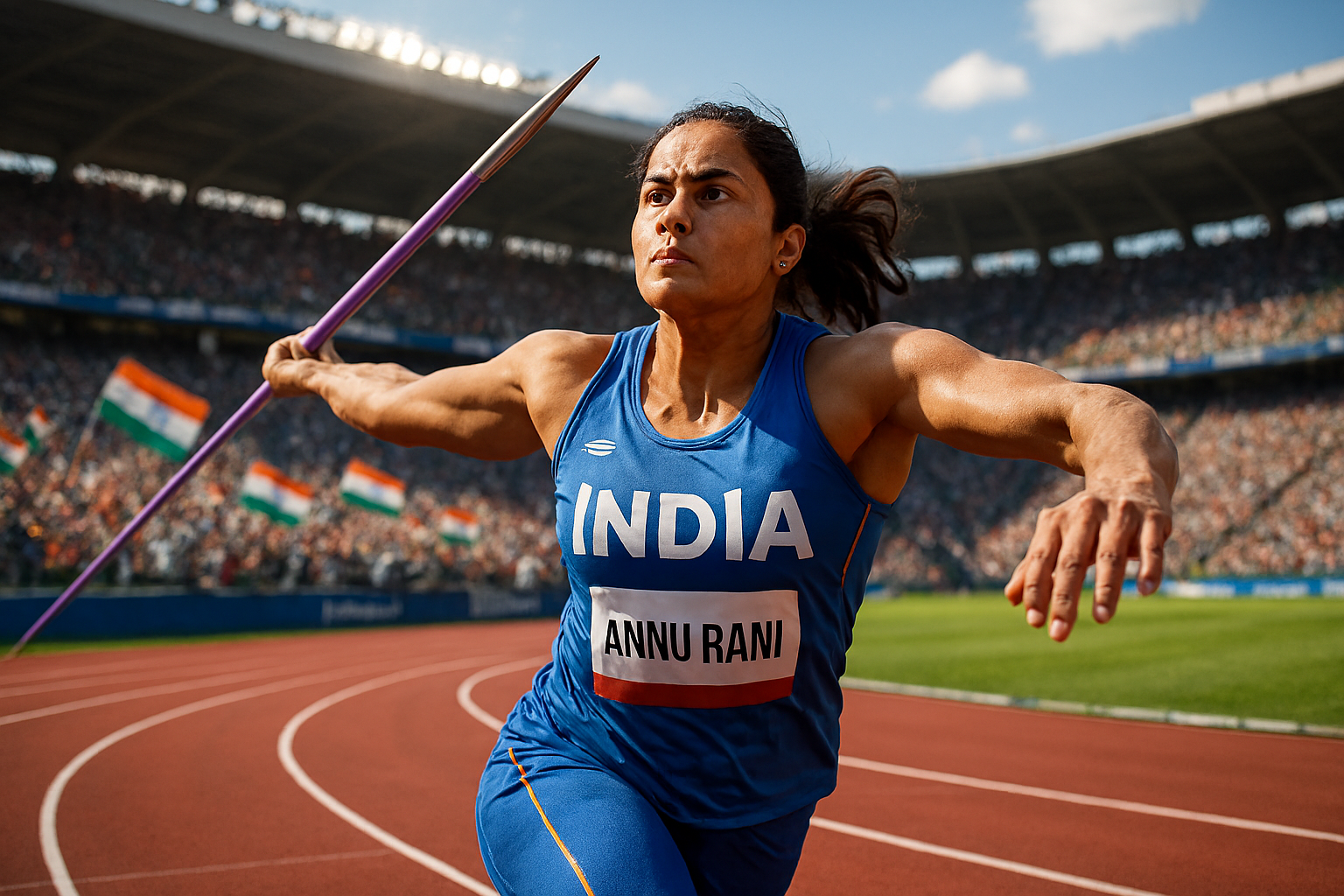Asia Annu Rani throwing javelin at an athletics stadium