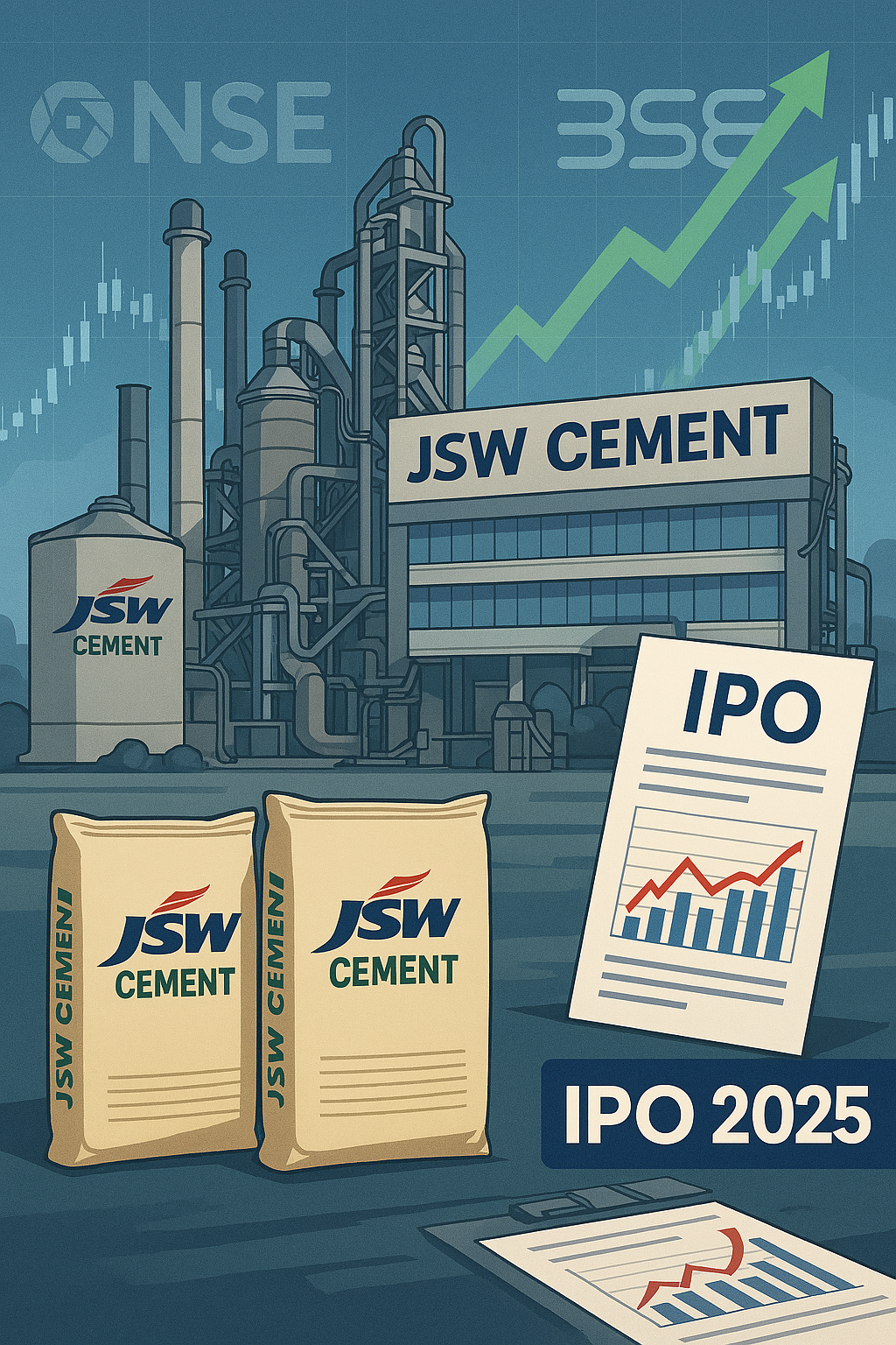 income tax JSW Cement IPO 2025 promotional banner with JSW and market graph