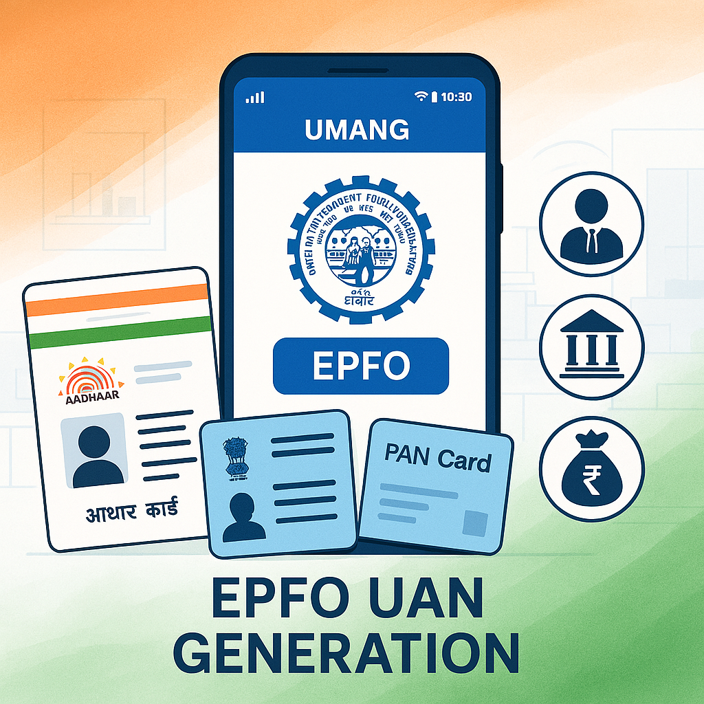 uptac Person holding phone using UMANG app with face scan icon and UAN card graphic