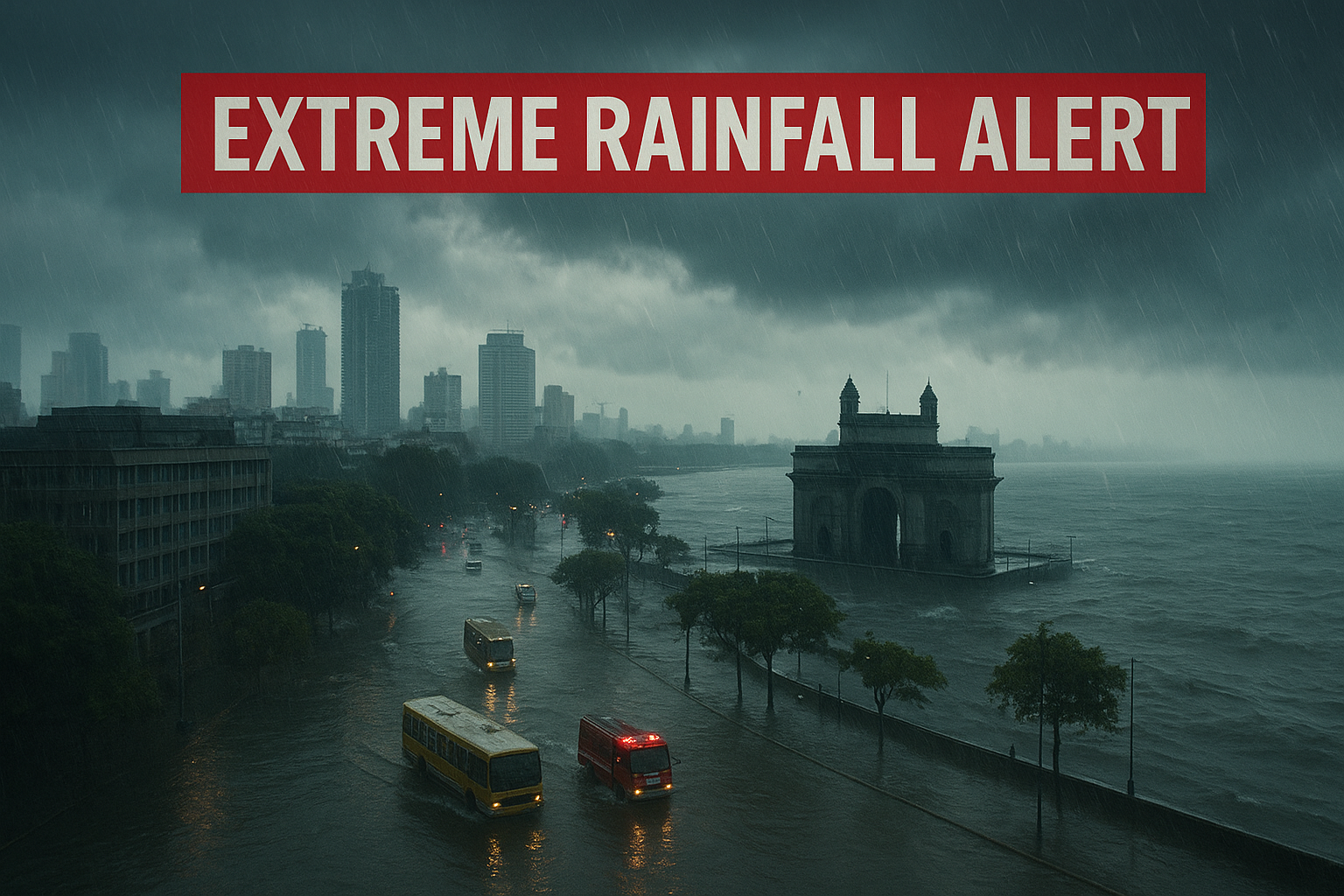 Asia Mumbai city flooded streets during heavy rainfall alert