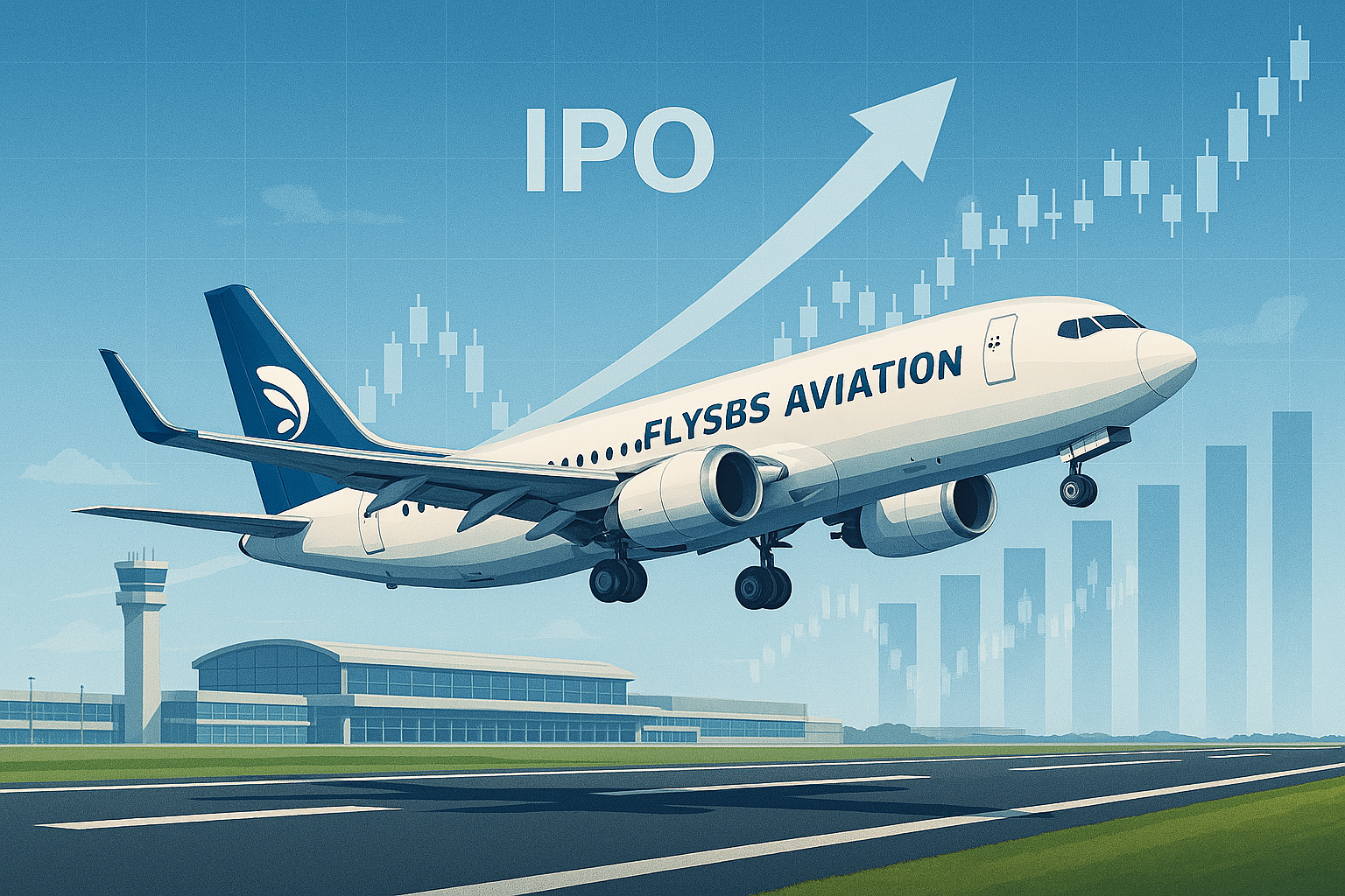 uptac Image of private jet in flight with rising stock chart background showing Flysbs Aviation IPO enthusiasm