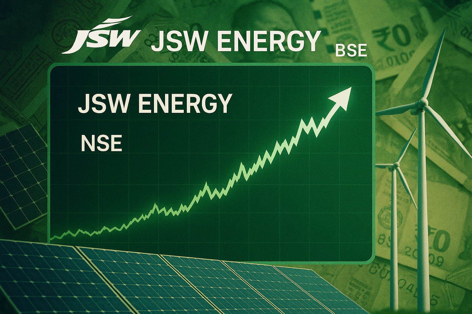 income tax JSW Energy stock price graph surging with green energy background and stock market indicators