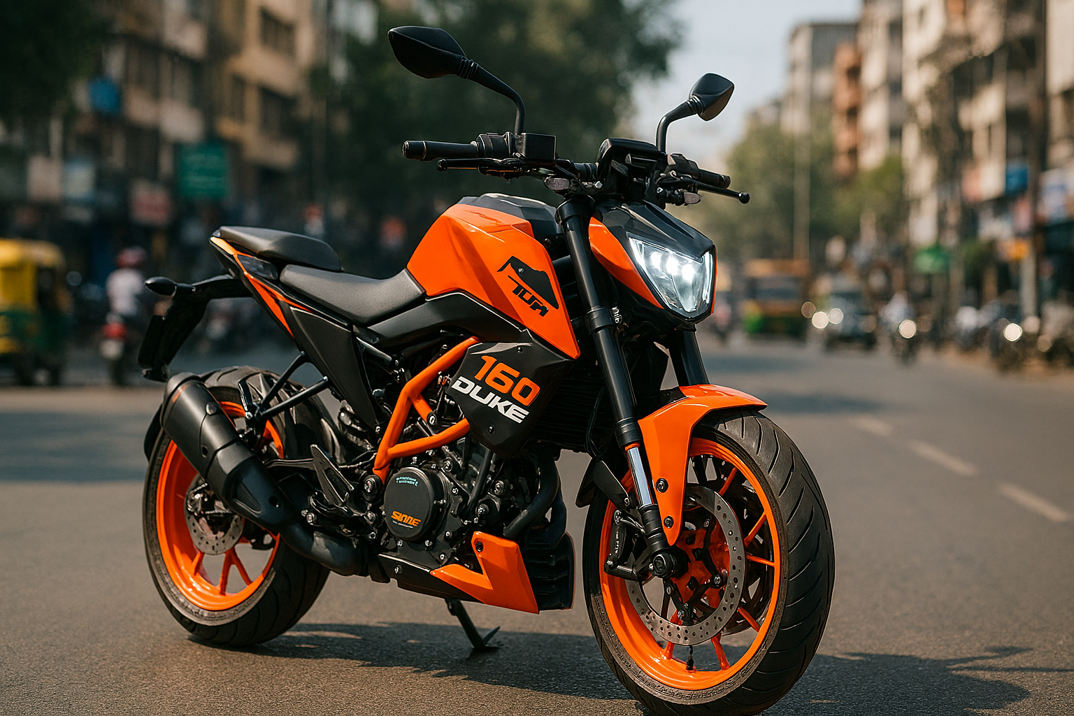 Asia KTM 160 Duke streetfighter motorcycle parked on Indian road with aggressive styling