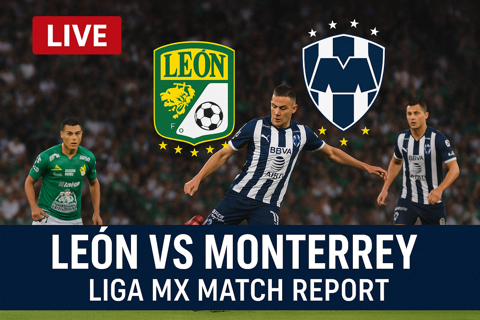 Asia León vs Monterrey Liga MX live match screenshot showing score and key stats