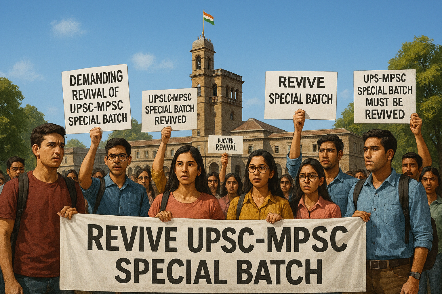 Asia Students protesting and holding banners demanding UPSC-MPSC special batch revival at SPPU campus