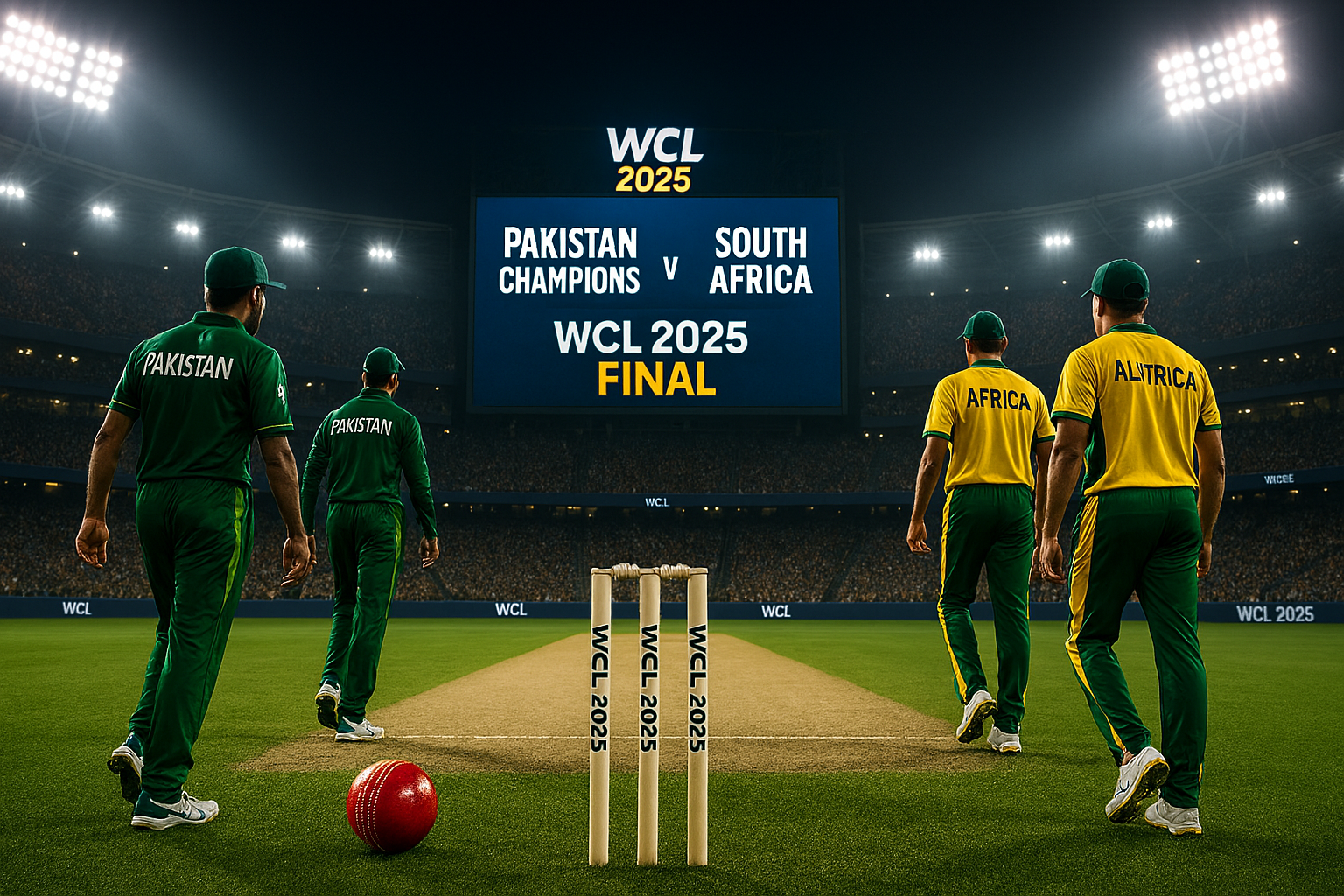 Sundar Pichai Digital scoreboard showing final score of Pakistan Champions vs South Africa Champions WCL 2025
