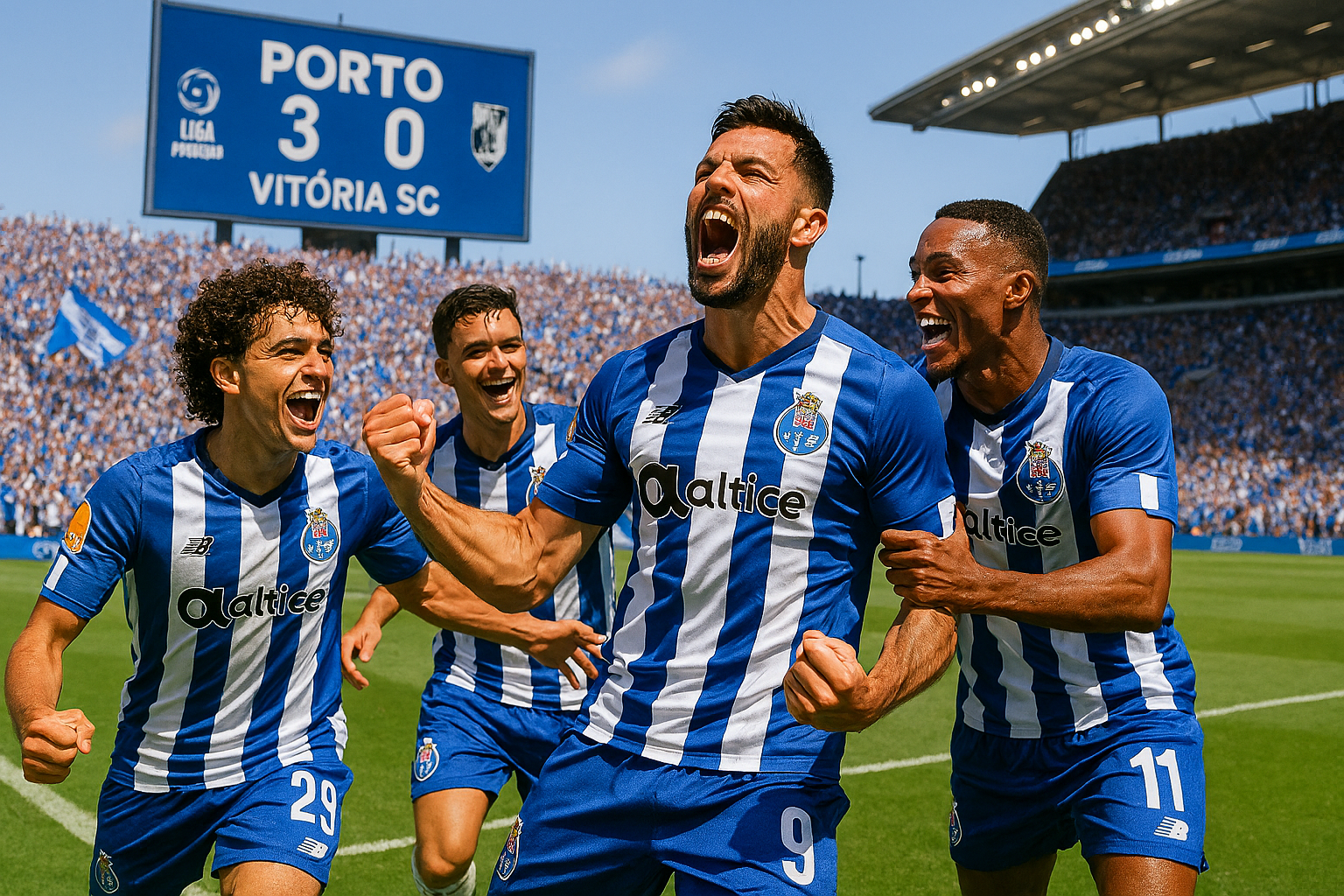 Asia Porto players celebrating their 3-0 victory against Vitória SC in Liga Portugal opening match
