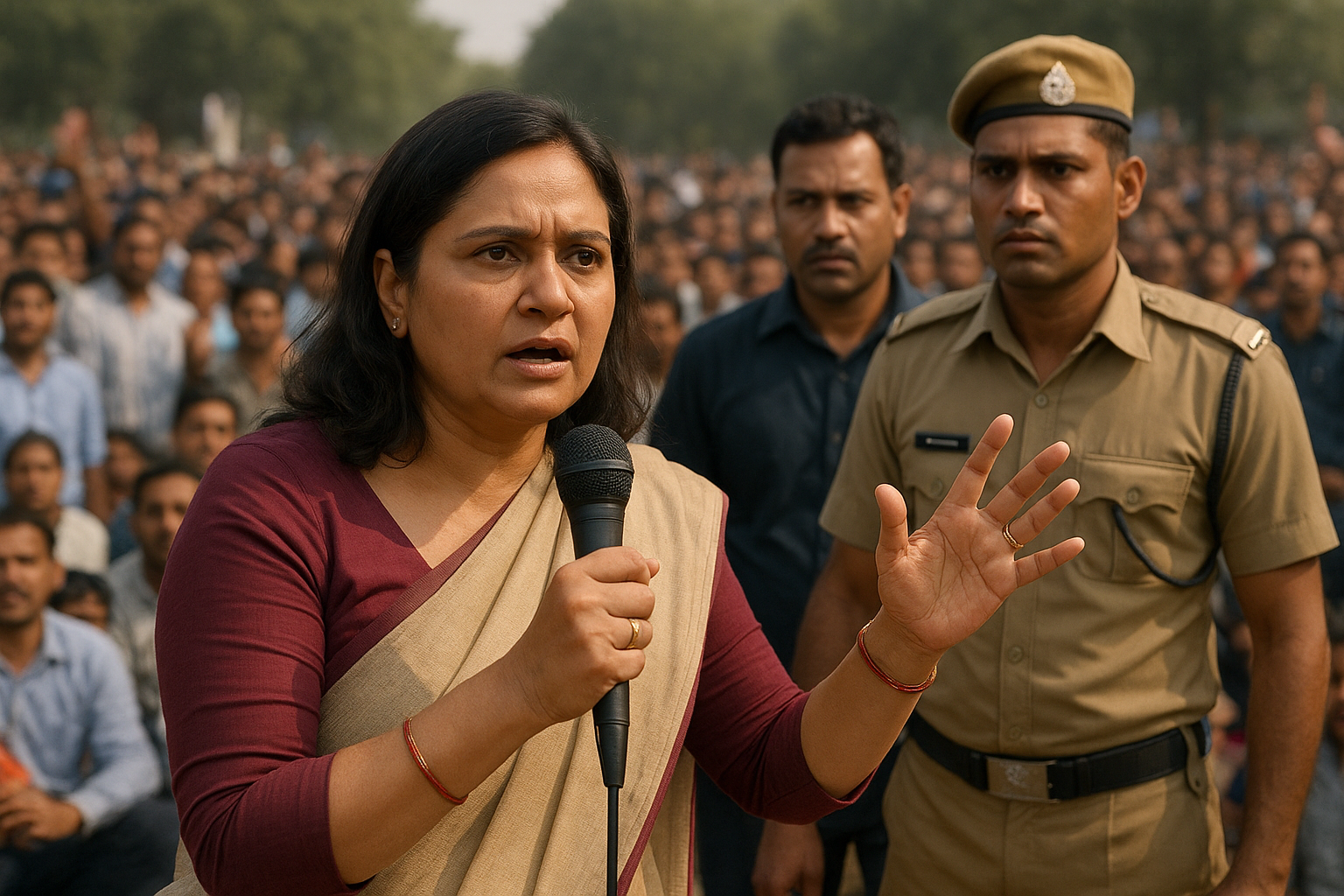 Asia Rekha Gupta addressing a crowd with security personnel in the background