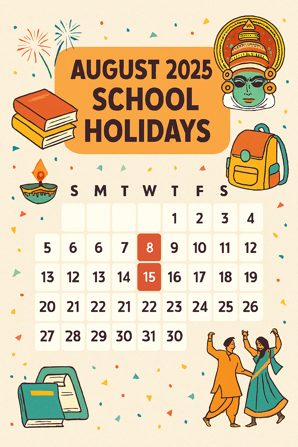 Asia Calendar showing August 2025 school holidays and closures in India”