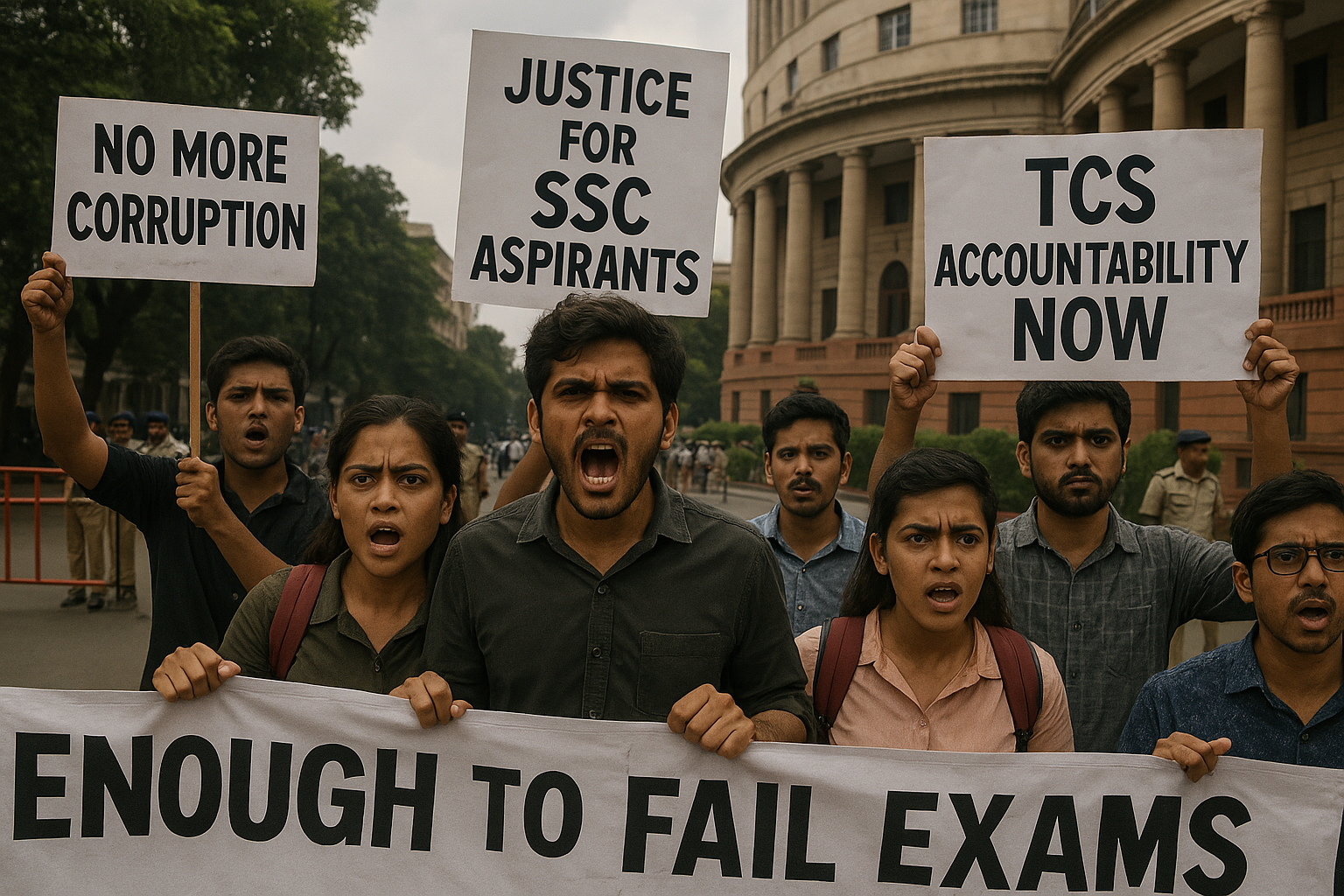 Allahabad University Students protesting SSC exam failures outside government office with banners – SSC Protest 2025