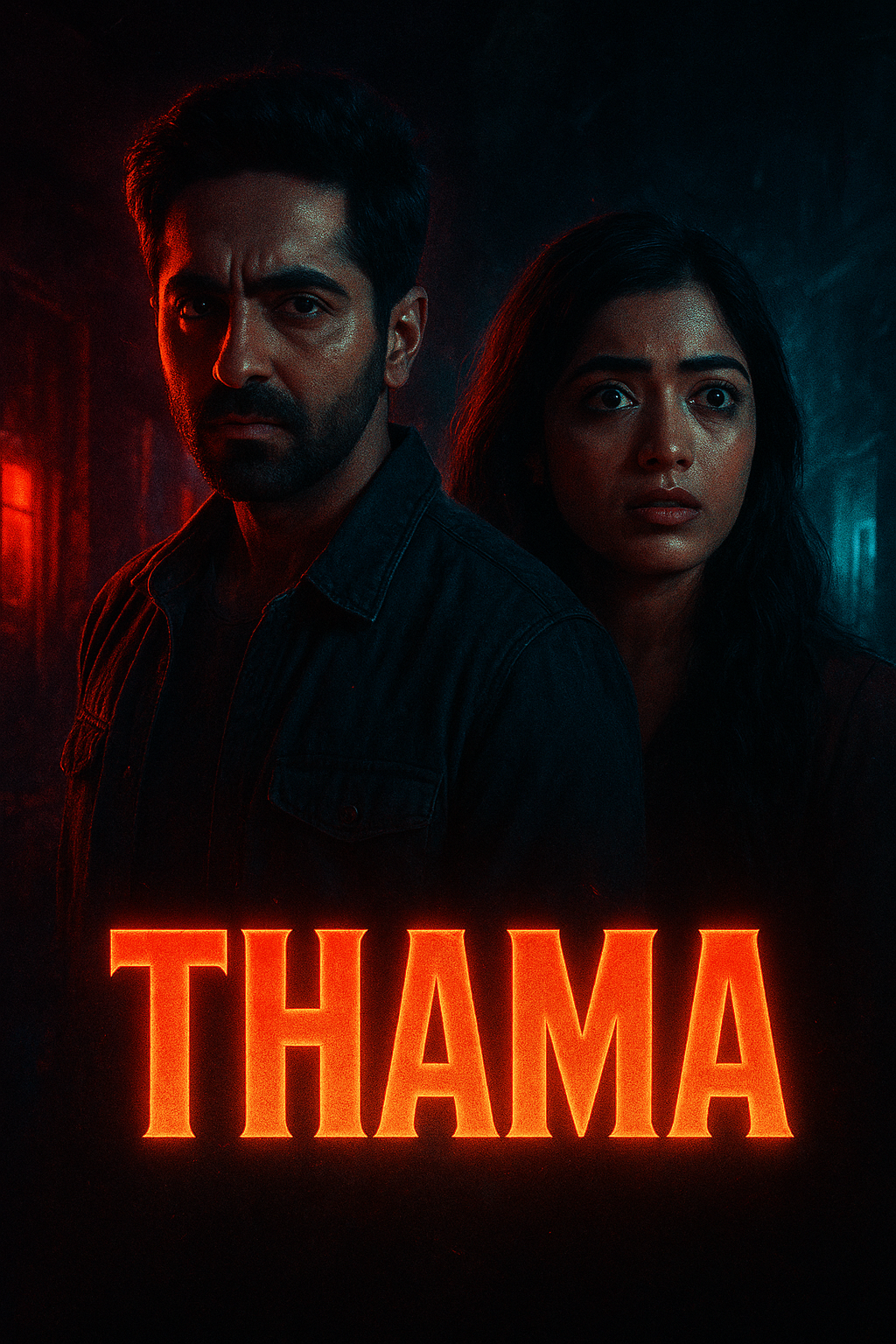 Asia Ayushmann Khurrana and Rashmika Mandanna in Thama teaser poster