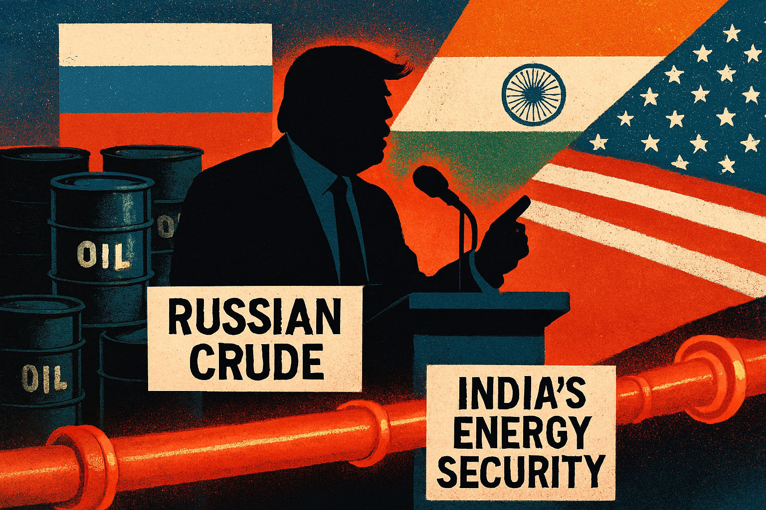 uptac Donald Trump speaking about India’s Russian crude oil imports, with oil barrels and India-US flags in the background
