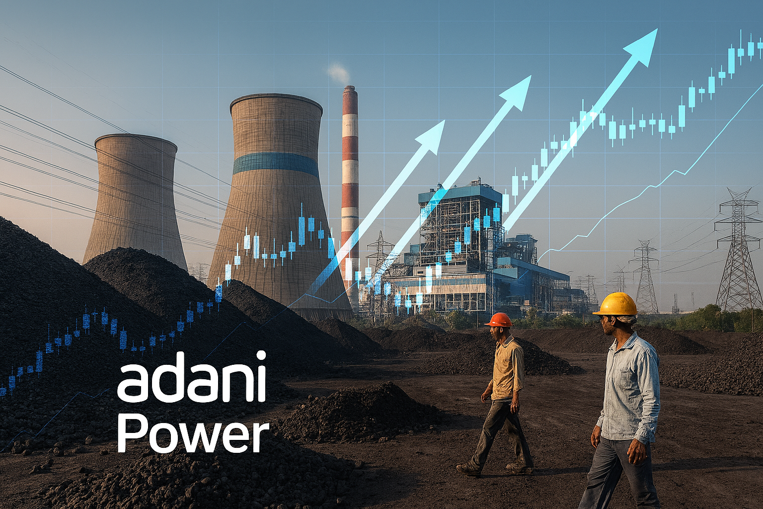 Asia Adani Power thermal plant with stock market overlay, highlighting the rise in Adani Power share price.”