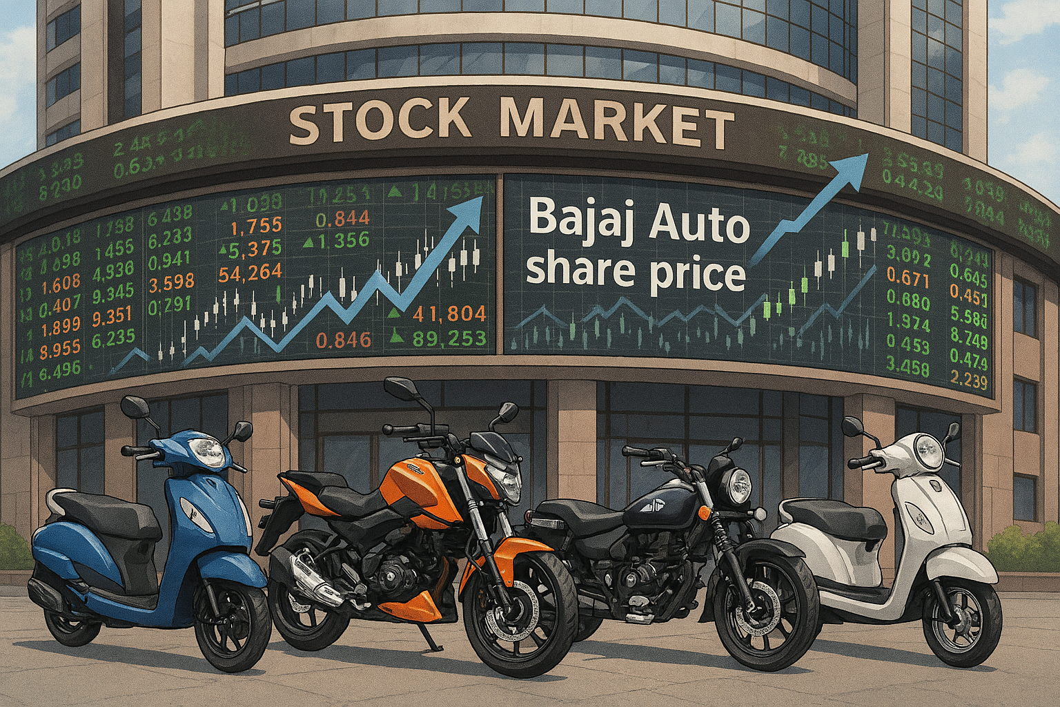 Asia Bajaj Auto share price stock chart with export sales backdrop illustration