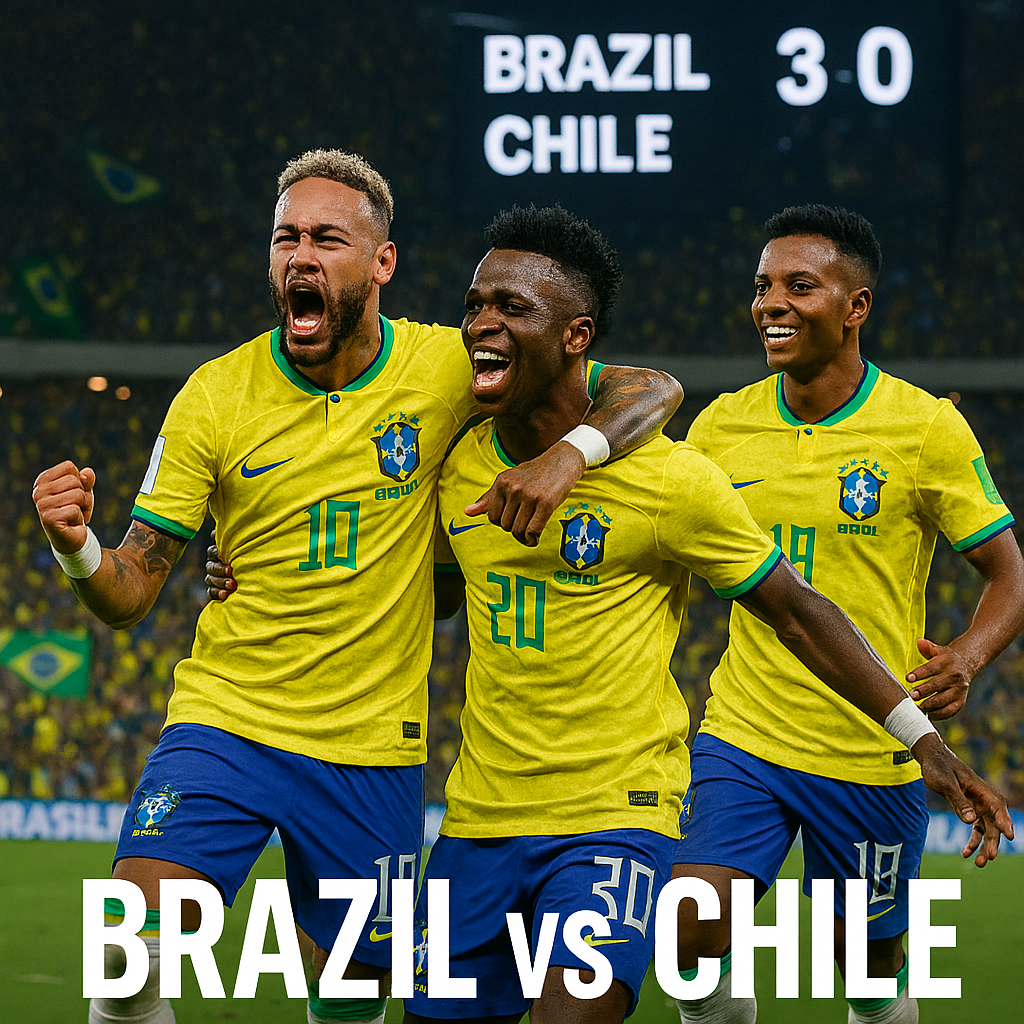 Asia Brazil vs Chile FIFA World Cup 2026 Qualifier – Neymar, Vinícius Jr., and Rodrygo celebrating goals at Maracanã