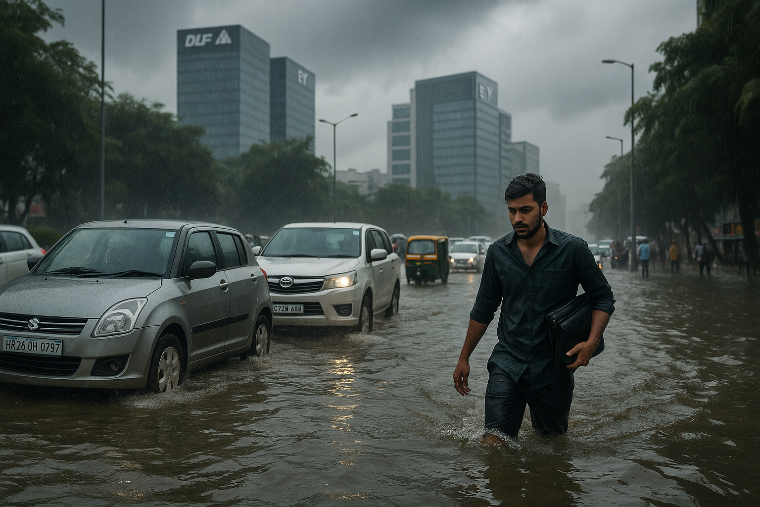 Flooded roads in Gurugram with cars stranded, heavy rainfall, and traffic chaos