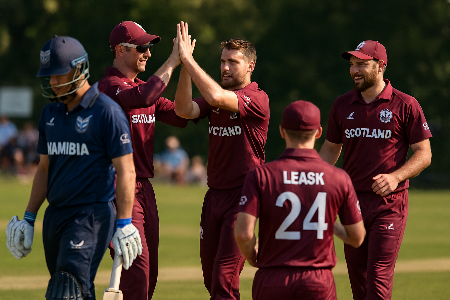 Asia Scotland vs Namibia ICC CWC League 2 match action at Maple Leaf Cricket Ground