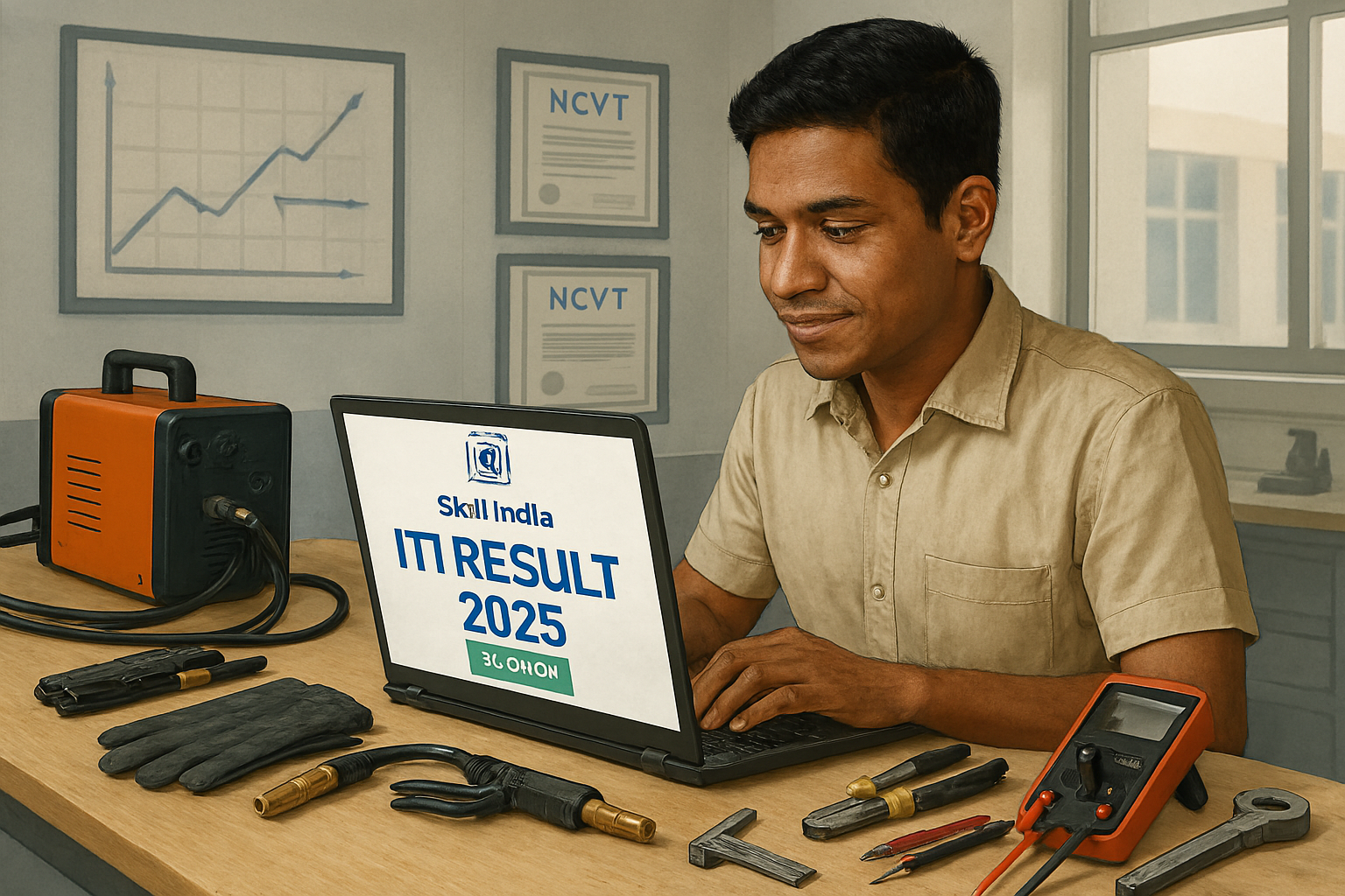 Asia Skill India ITI Result 2025 student checking NCVT marksheet online with trade tools in background