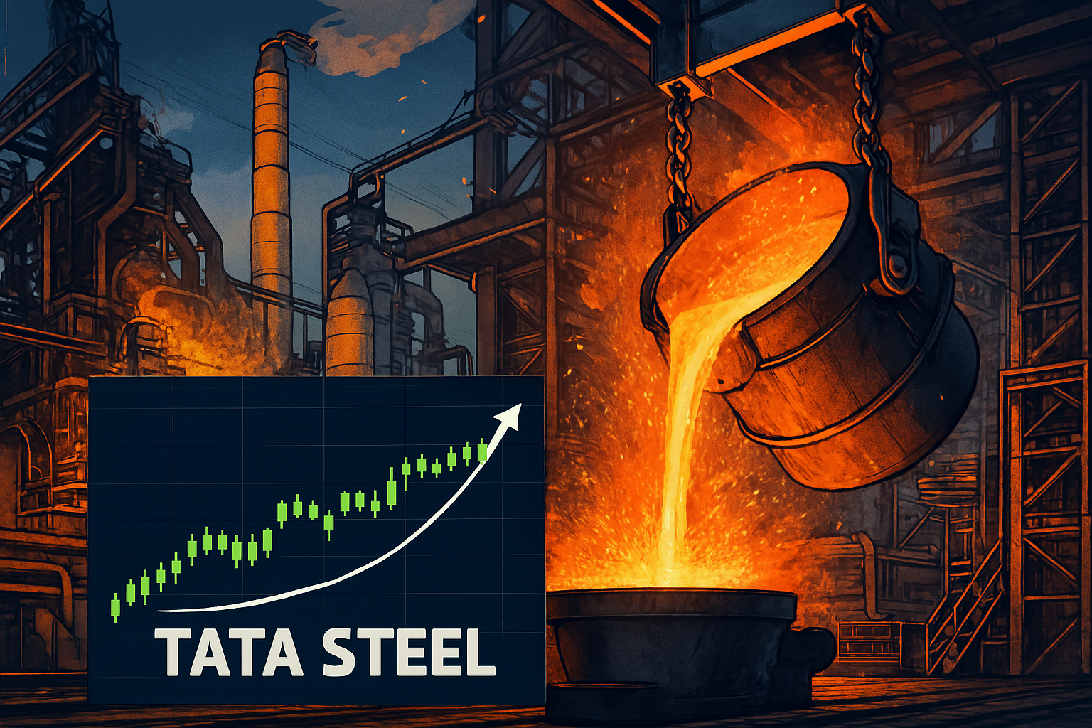 Asia Tata Steel share price graph showing uptrend with steel plant background