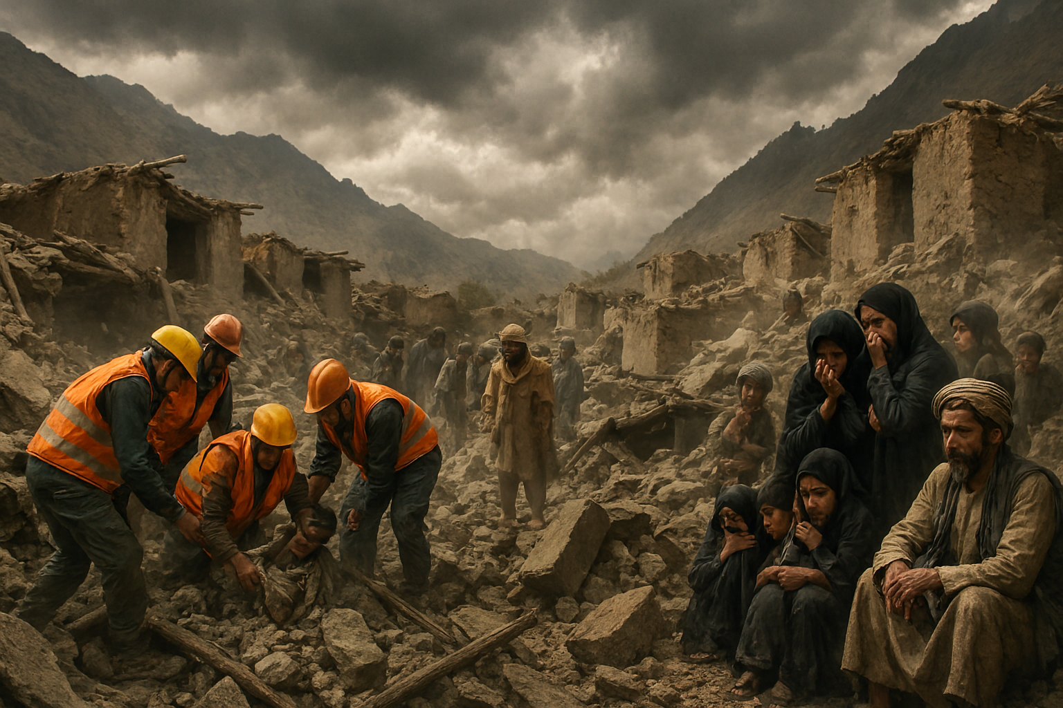 Asia Destruction from Afghanistan earthquake, with rescue workers amidst rubble and collapsed homes.