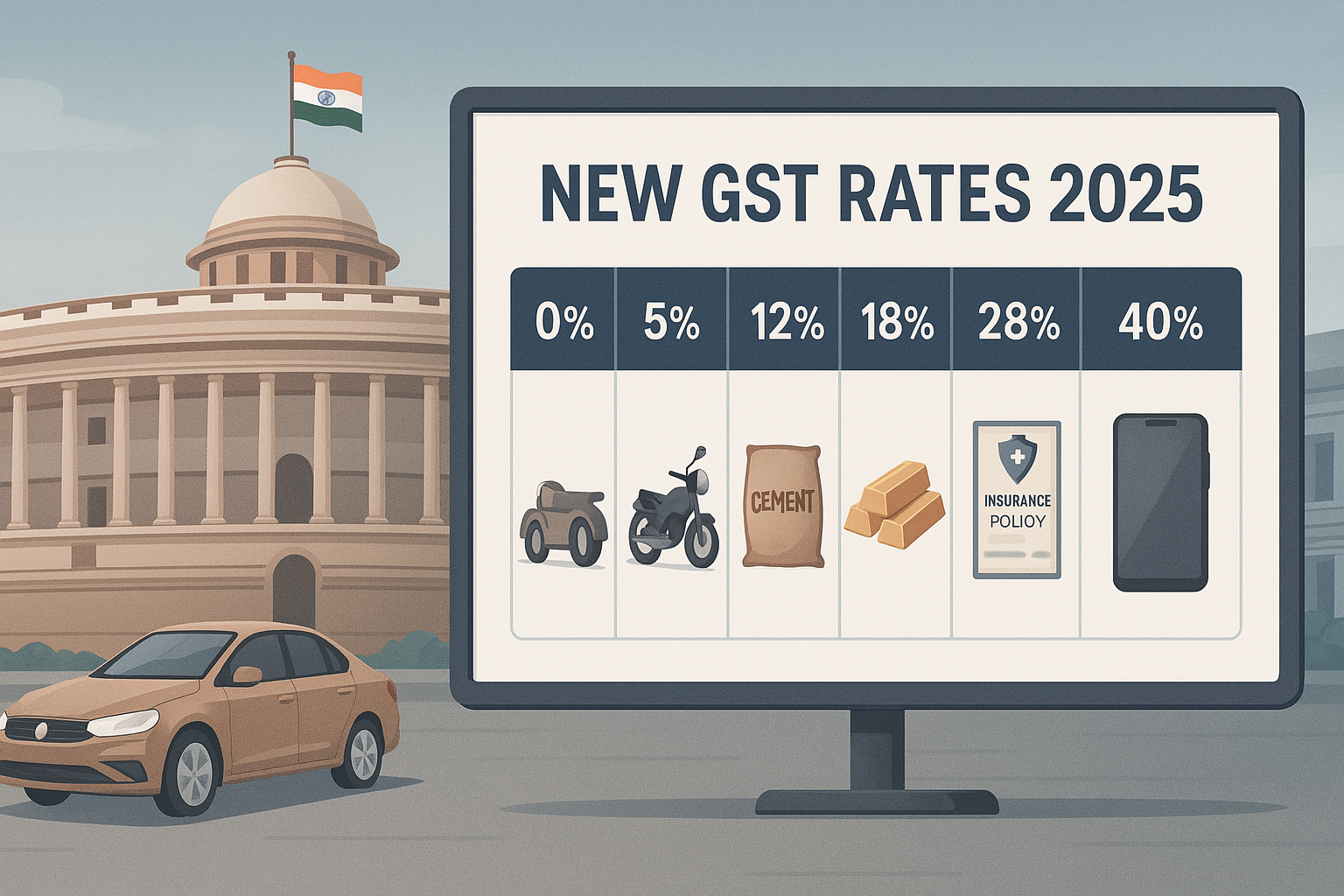 Asia New GST rates 2025 India updated slab list cars bikes insurance cement gold
